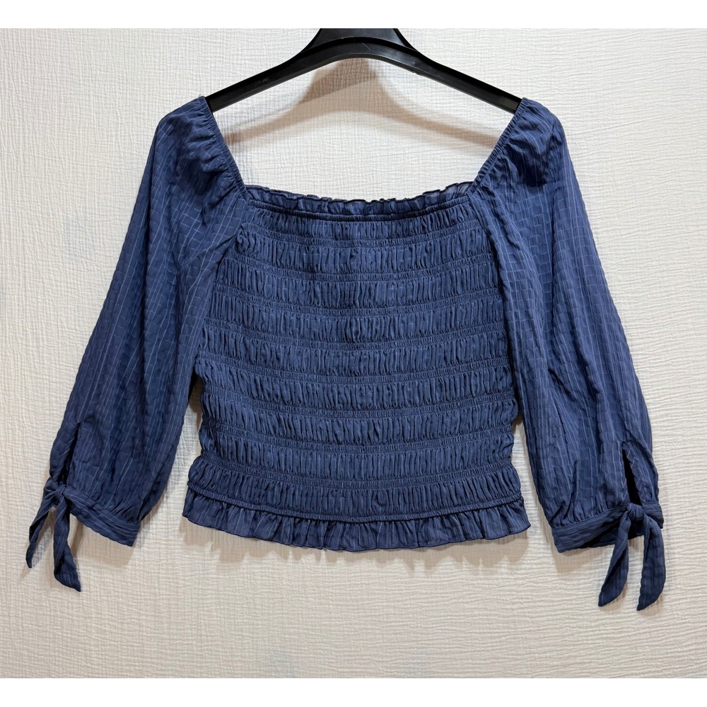 BCX Smocked Blouse Womens Large Blue Square Neck 3/4 Sleeve Cottagecore Romantic